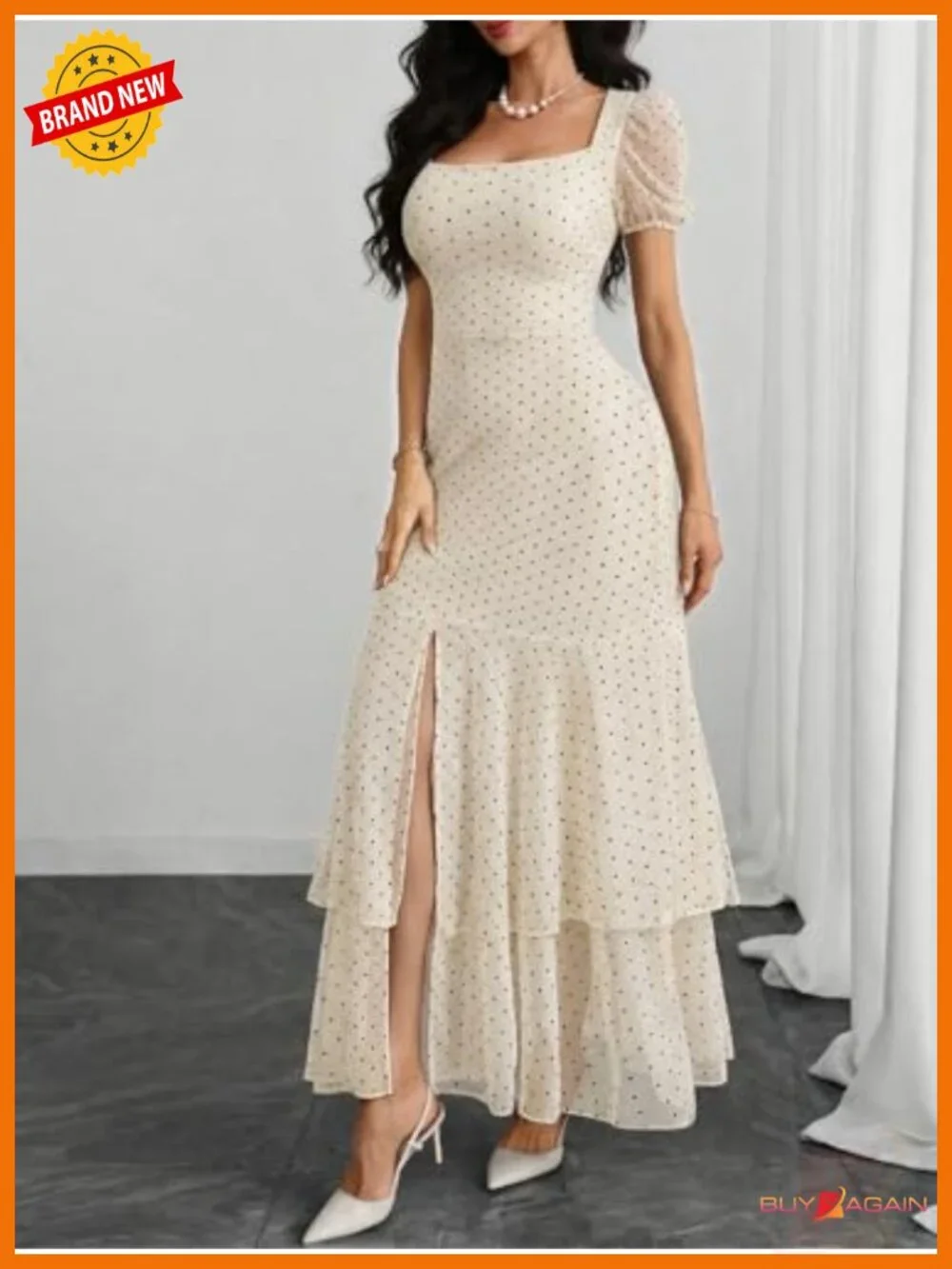 Polka Dot Maxi Dress Square Neck Puff Sleeve High Slit Ruffle Hem